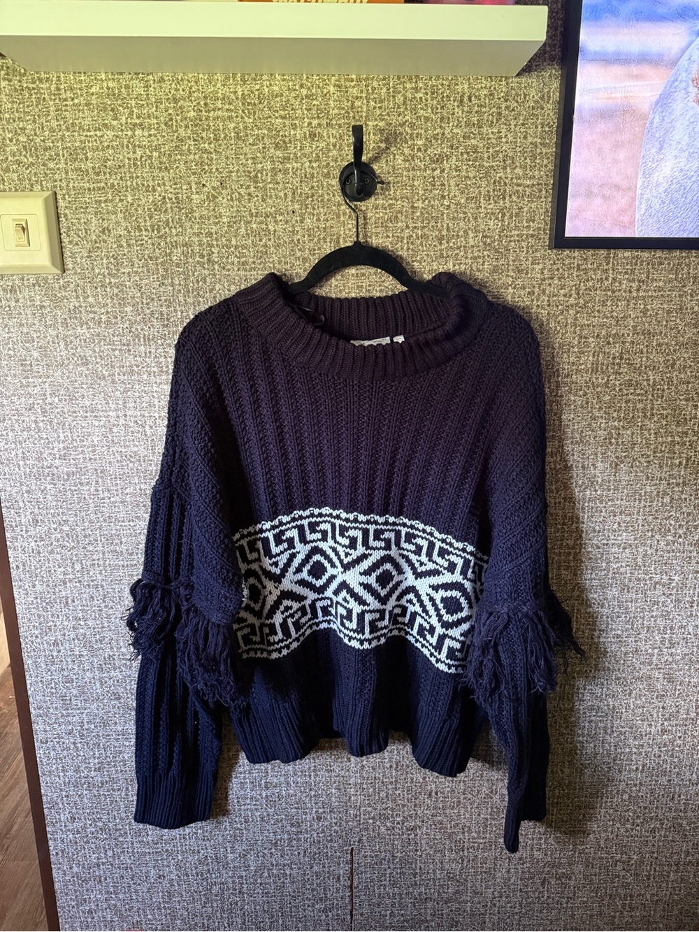 Chunky Black Fringe Sweater with Geometric Southwestern Stripe